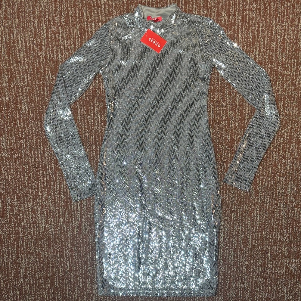 Guess Los Angeles mock disco dress high neck silver XS Shiny long sleeve dress